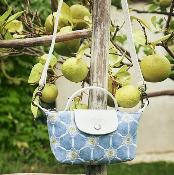 Longchamp Le Pliage Marguerites Daisy Denim Mini Pouch CrossbodySky Blue
